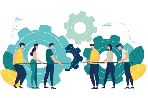 Có 2 đội, mỗi đội 3 người đứng ở 2 phía. 2 đội đang giằng co 1 sợi dây