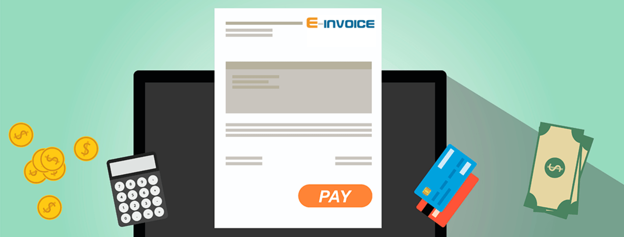 Icon tờ hóa đơn điện tử ở giữa, bên trái là máy tính và tiền xu, bên phải là thẻ và tiền giấy