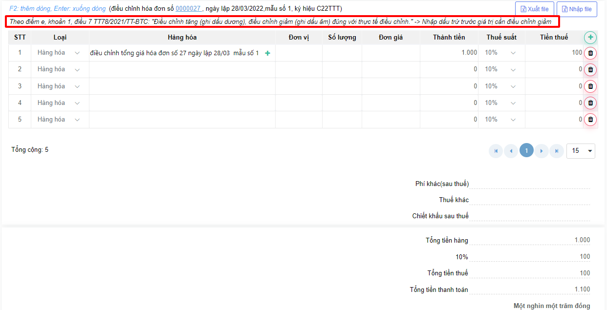 Giao diện điều chỉnh hóa đơn online và dòng hướng dẫn nhập thông tin khi điều chỉnh