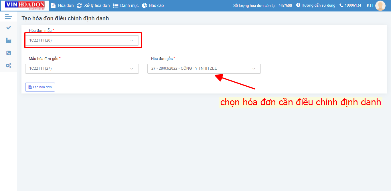 Giao diện chỉnh hóa đơn có các mục hóa đơn mẫu, mẫu hóa đơn gốc và hóa đơn gốc