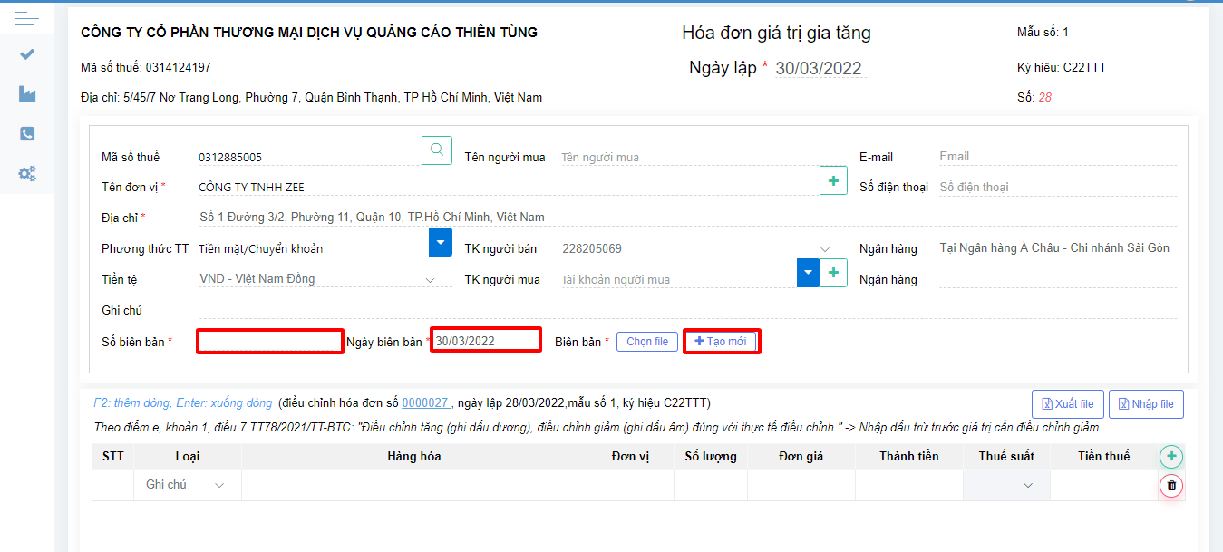 Bảng thông tin cần điền khi thực hiện điều chỉnh hóa đơn