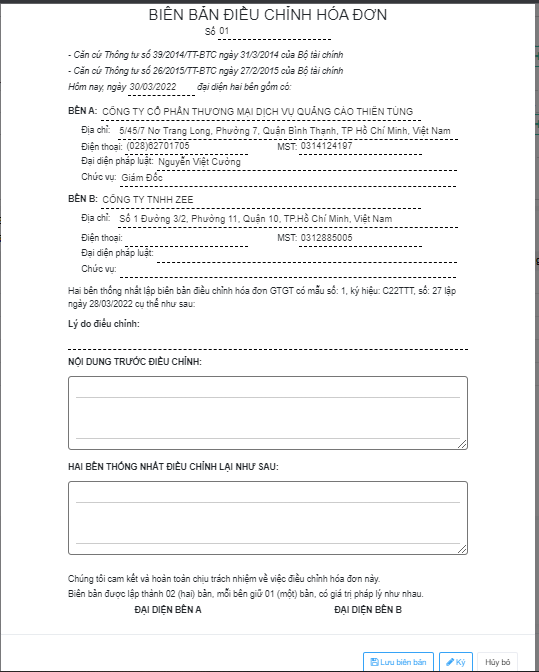 Biên bản được thể hiện trên word online với đầy đủ thông tin của bên A, bên B, nội dung cần chỉnh và chữ ký xác nhận