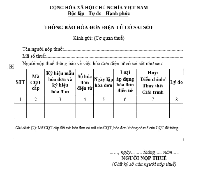 Văn bản thông báo hóa đơn điện tử có sai sót gồm thông tin của người nộp thuế, bảng thông tin về hóa đơn bị sai và chữ ký