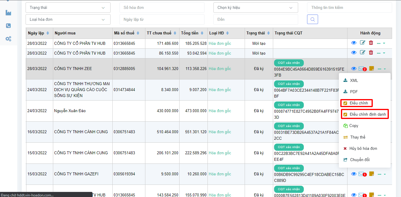 Giao diện lập hóa đơn điện tử online cho phép người dùng chọn hóa đơn cần chỉnh sửa, tải về, hoặc hủy hóa đơn
