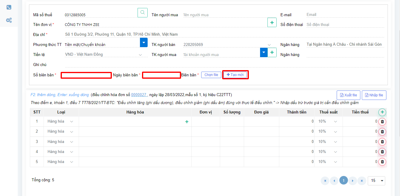 Giao diện chỉnh sửa hóa đơn online sau khi đã chọn được hóa đơn cần chỉnh, bao gồm các thẻ mục về thông tin người bán, người mua, ngày lập biên bản, ....