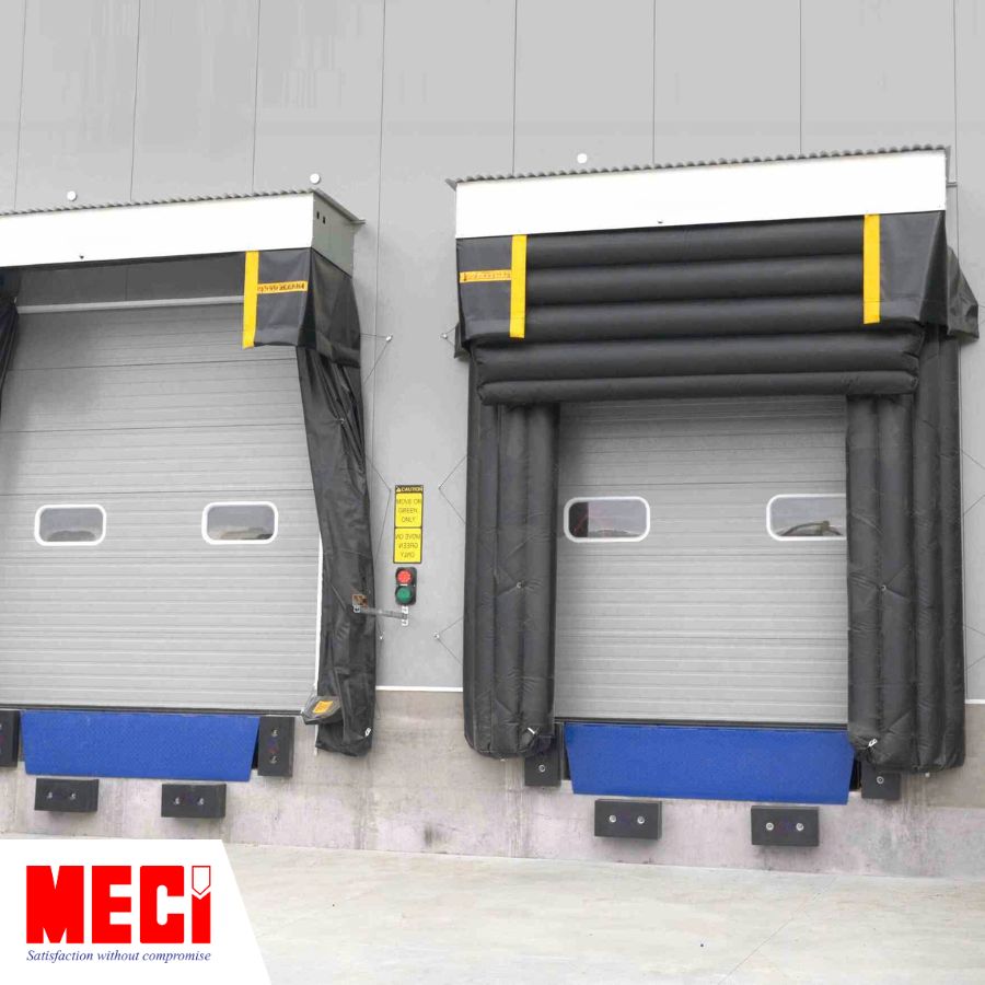 hai dock giao nhận hàng liền kề nhau, cửa trượt trần ở mỗi dock đóng xuống, bộ trùm túi khí cửa bên trái xẹp xuống, bộ trùm túi khí tại dock bên phải phồng ra