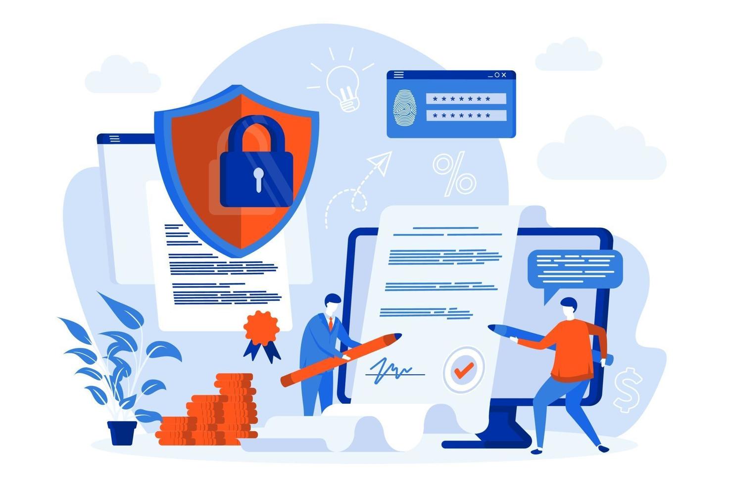 Hai người đang ôm cây bút để ký lên văn bản hiện ra trong chiếc máy tính