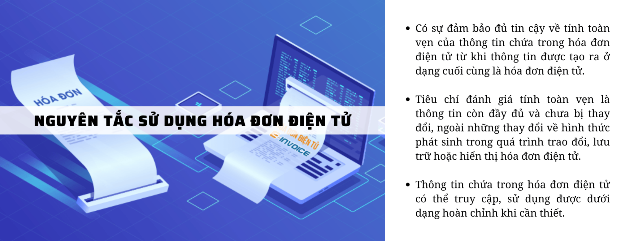 Nguyên tắc sử dụng hóa đơn điện tử đồ họa mô phỏng hóa đơn điện tử trong laptop và hóa đơn xuất ra từ máy, bên phải là nội dung về nguyên tắc sử dụng