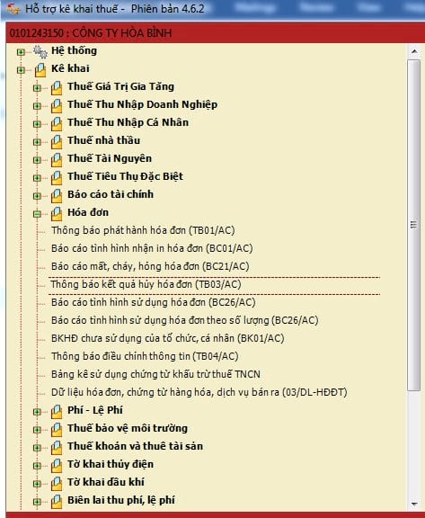 Giao diện hỗ trợ kê khai thuế - phiên bản 4.6.2 của công ty mà bạn đã chọn, bao gồm các danh mục liên quan đến thông tin thuế và hóa đơn của công ty