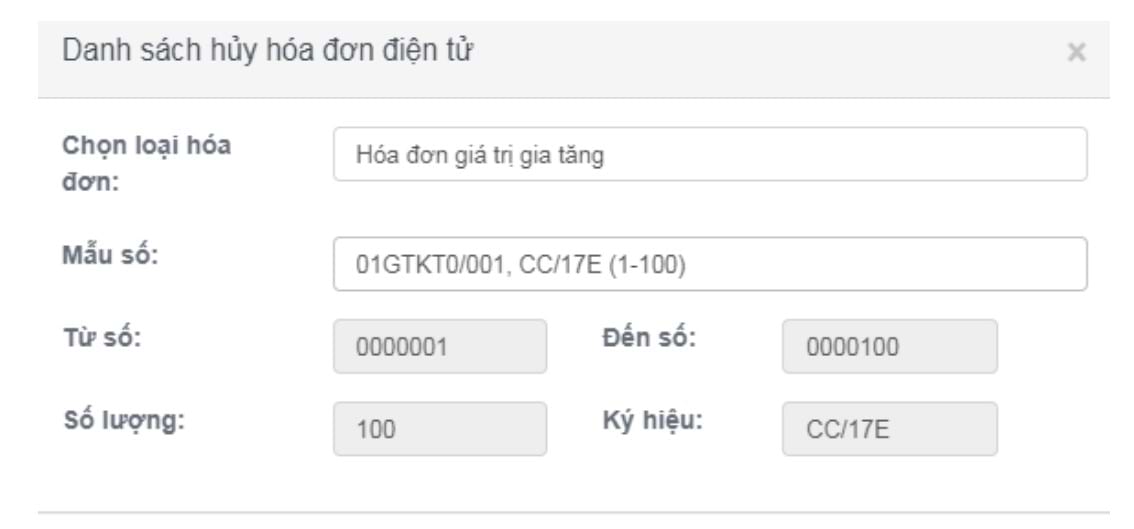 Bảng danh sách hủy hóa đơn điện tử gồm các thông tin cơ bản của hóa đơn đó