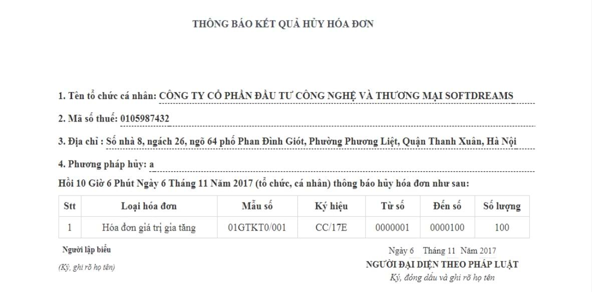 Văn bản thông báo kết quả hủy hóa đơn bao gồm thông tin bạn đã điền và chữ ký để bạn xác nhận