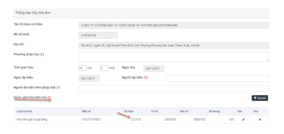 Bảng thông báo hủy hóa đơn gồm các thông tin về công ty, thời gian hủy, ngày lập biểu, loại hóa đơn