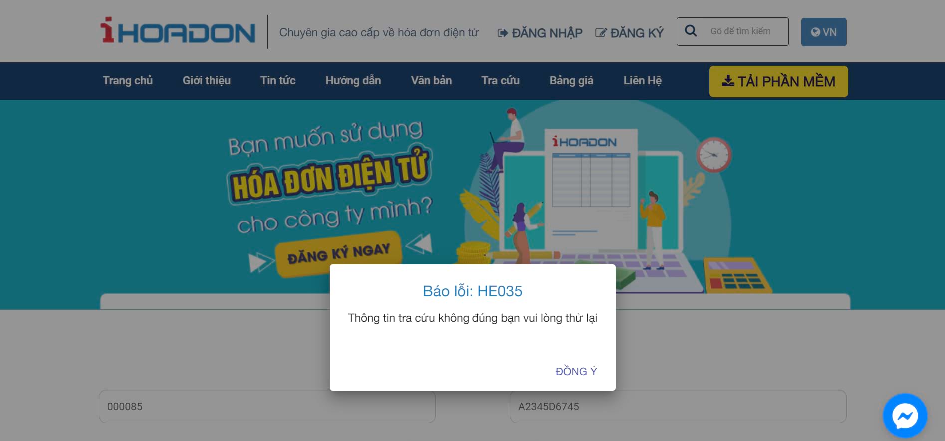 giao diện tra cứu hóa đơn điện tử trên trang web ihoadon và khung báo lỗi hiện ra khi thông tin tra cứu của bạn không đúng
