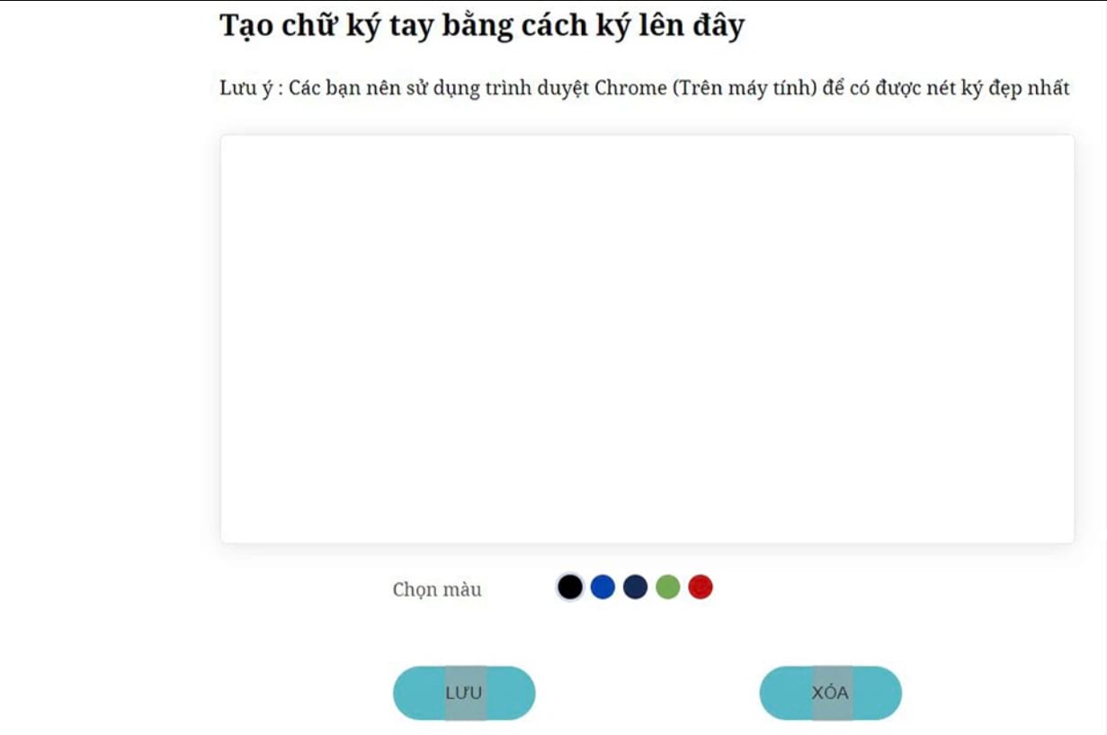 bảng trắng online trên Chrome để bạn ký tên lên, bên dưới có thanh lựa chọn màu sắc