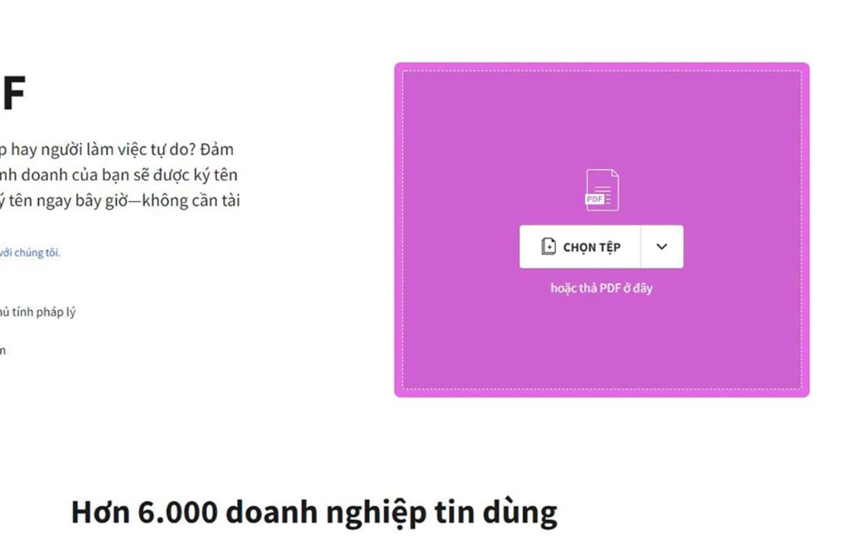 Khung chọn tệp màu hồng cho phép người dùng tải tài liệu lên để chuẩn bị thực hiện ký chữ ký điện tử