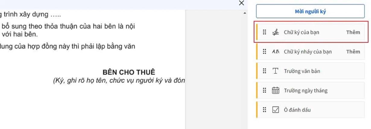 Bảng lựa chọn chữ ký cho phép bạn chọn chữ ký của bạn, chữ ký nháy hoặc các định dạng khác về chữ ký