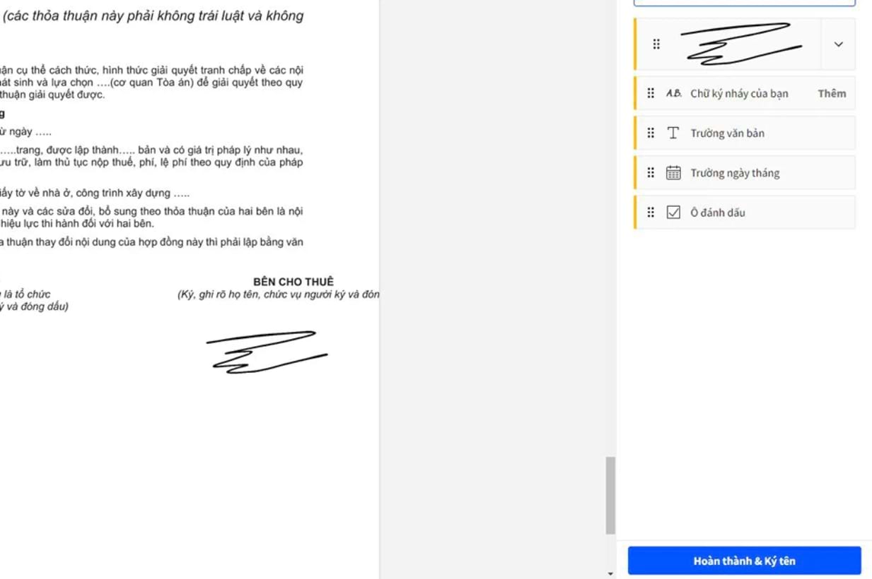 Chữ ký bạn vừa tạo đã hiện ra ở văn bản tại vị trí bên cho thuê