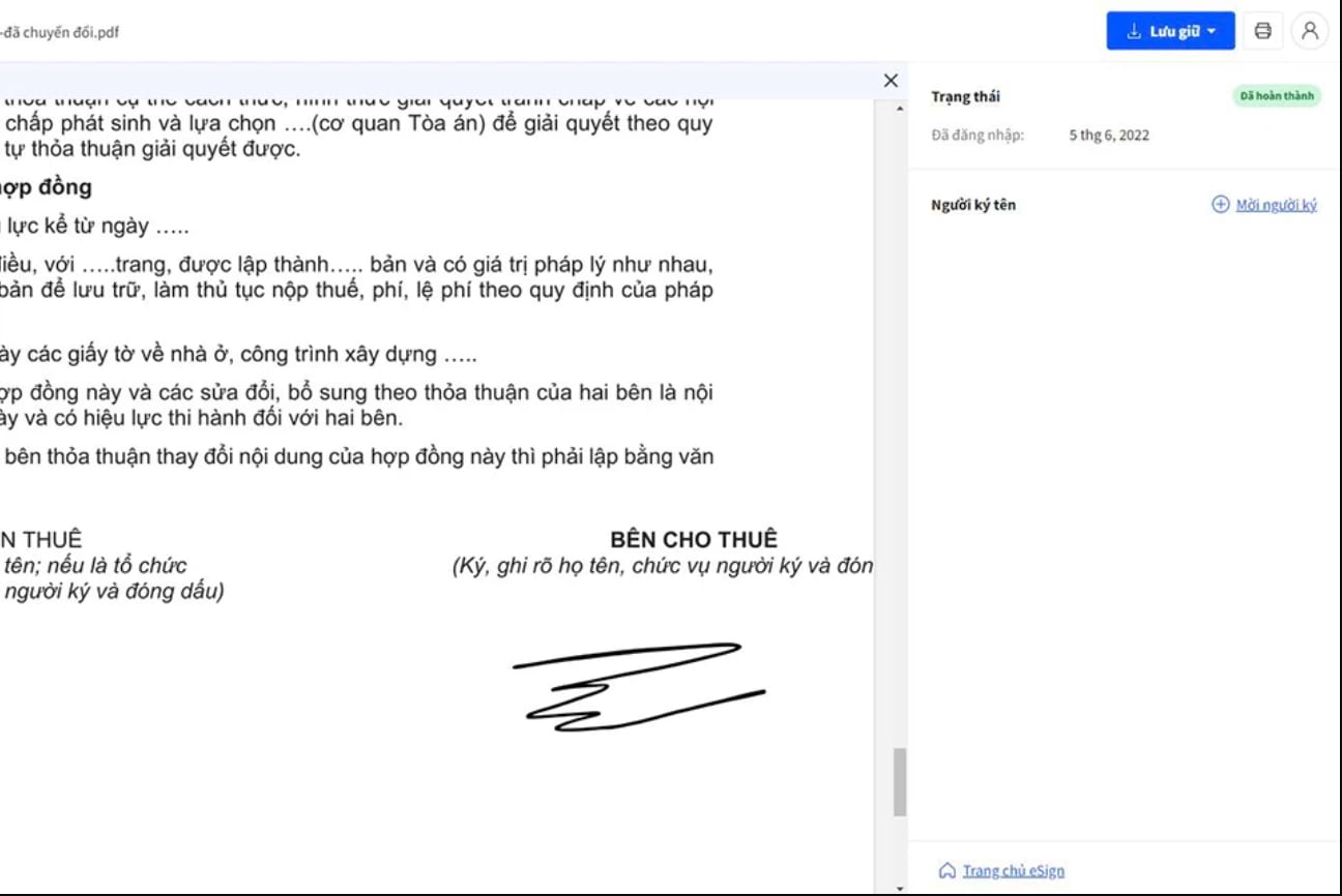 hình ảnh văn bản bên trái, bên phải là khung lưu trữ, trạng thái và dòng người ký tên