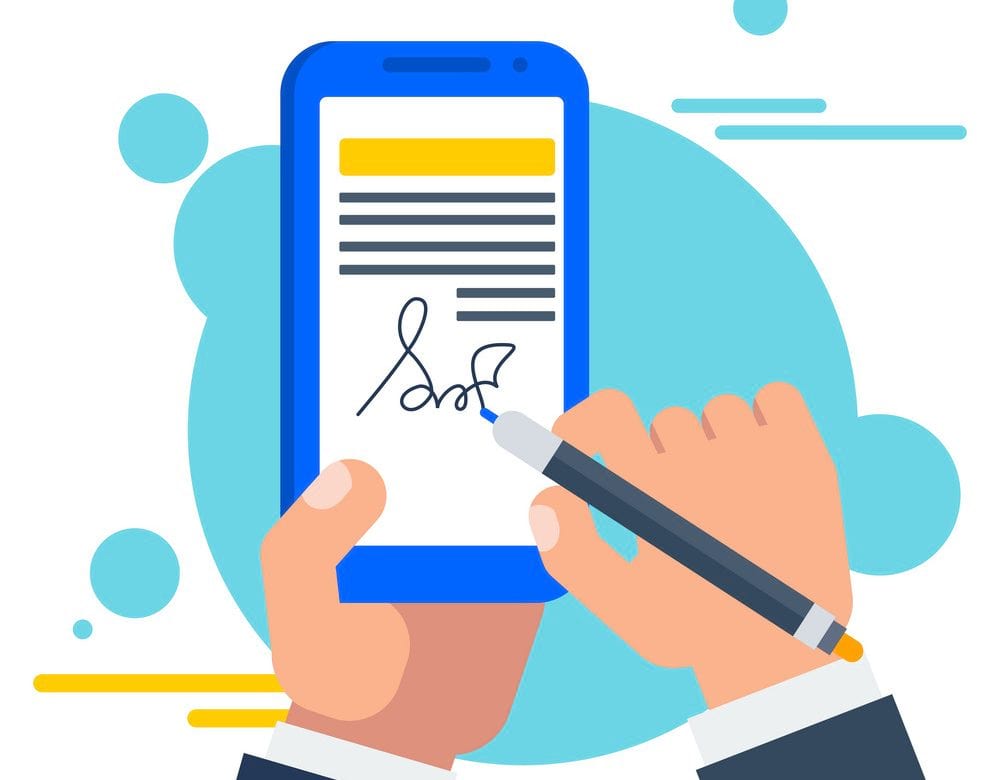 Hình ảnh mô phỏng bàn tay đang cầm bút điện tử để ký vào văn bản trên điện thoại