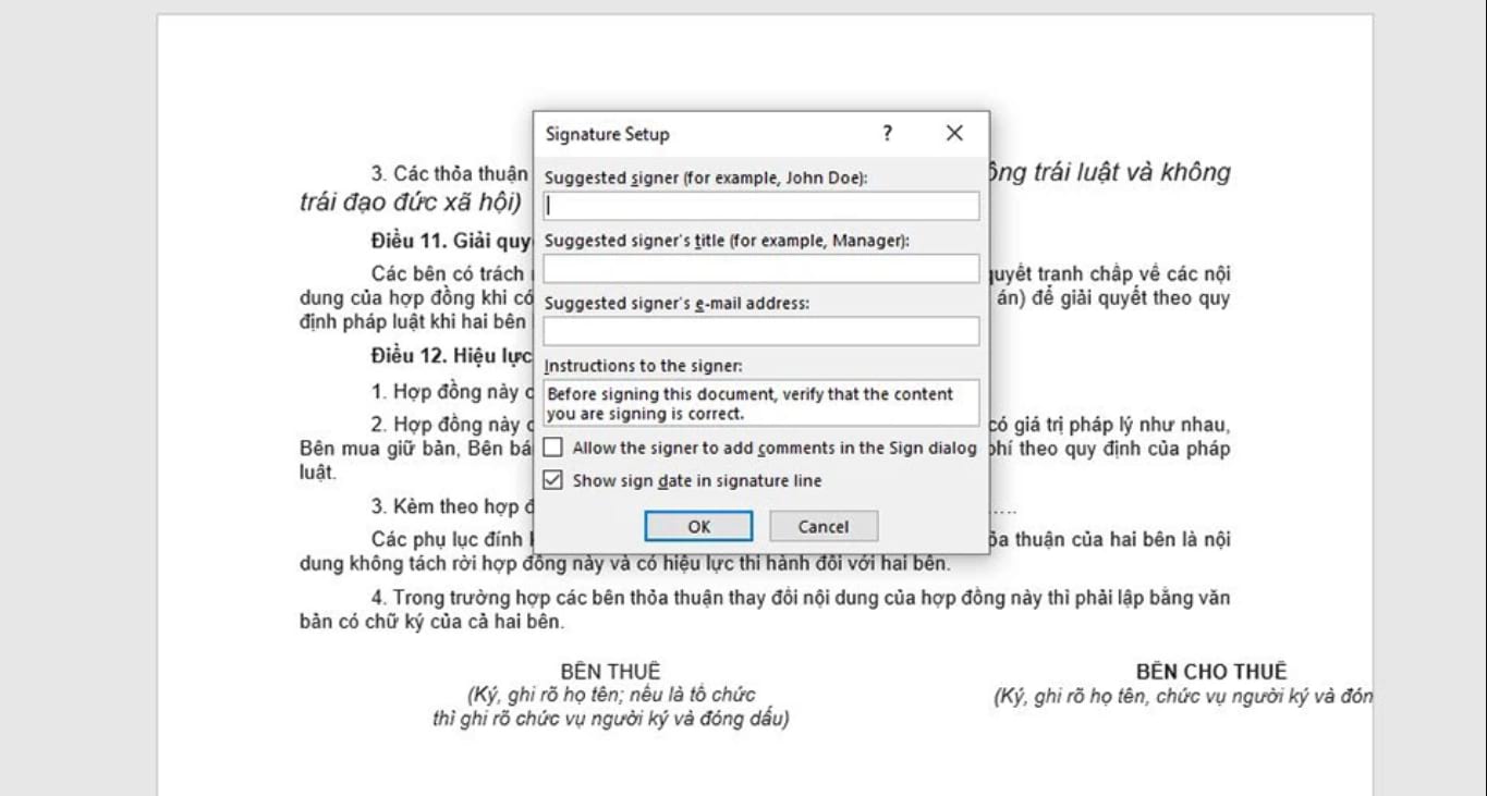 Bảng Signature Setup hiện ra, có những thông số cần điền, sau đó nhấn OK