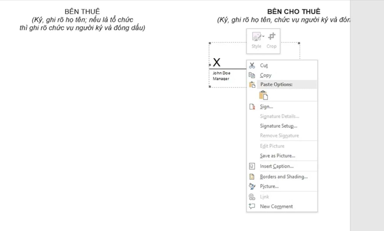 Vùng tạo chữ ký điện tử hiện ra ngay chỗ ký của bên cho thuê