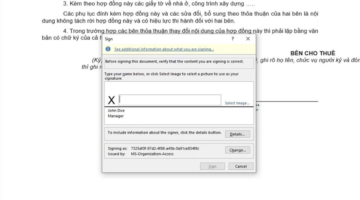 Ô Sign hiện ra, khung dấu X có con trỏ chuột là nơi điền tên cần ký
