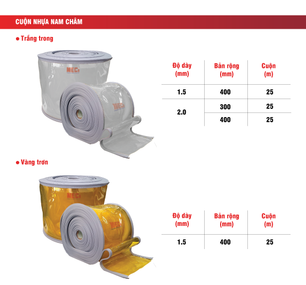Bảng thông số kỹ thuật cuộn nhựa nam châm trắng trong và vàng trong