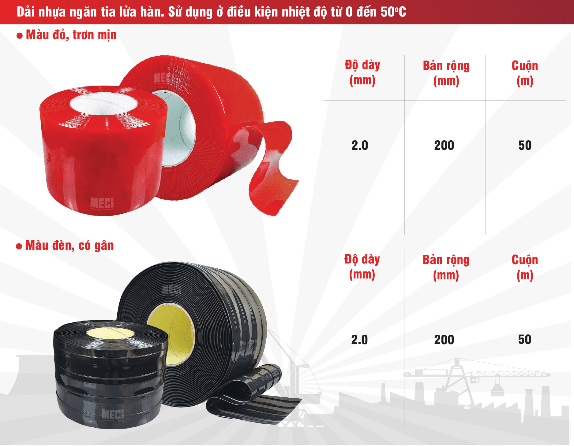 Bảng thông số kỹ thuật cuộn nhựa đỏ & đen