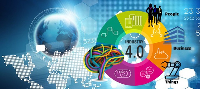 đồ họa mô phỏng, vòng tròn thể hiện công nghệ 4.0 bao gồm bộ não, sơ đồ, tập tài liệu, văn phòng, nhân viên và những công cụ hỗ trợ khác