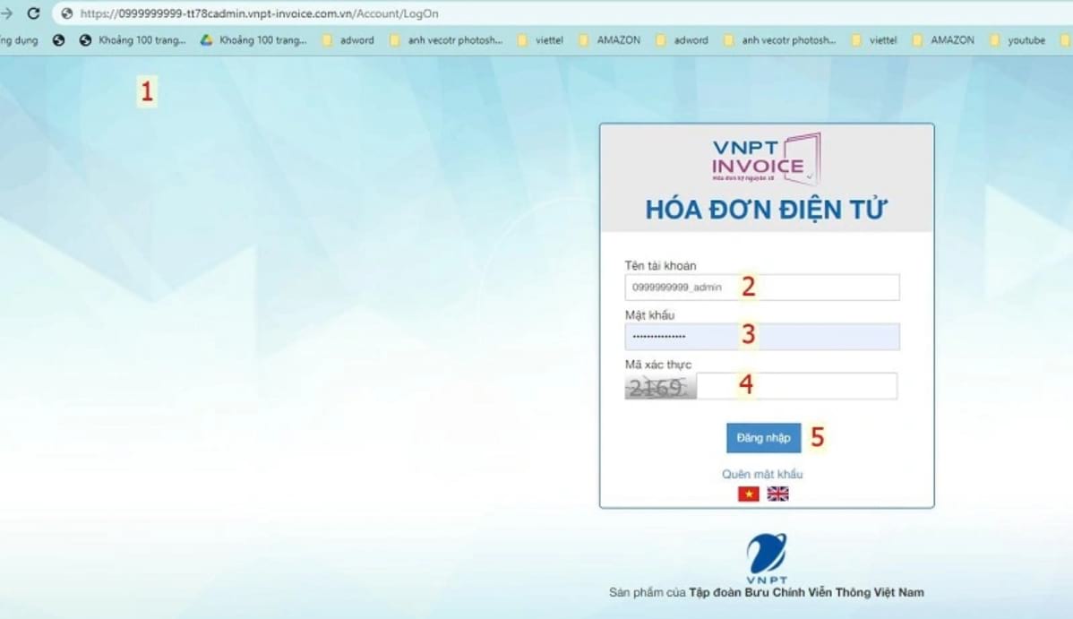 Giao diện đăng ký hóa đơn điện tử của VNPT bao gồm tên tài khoản, mật khẩu và mã xác thực