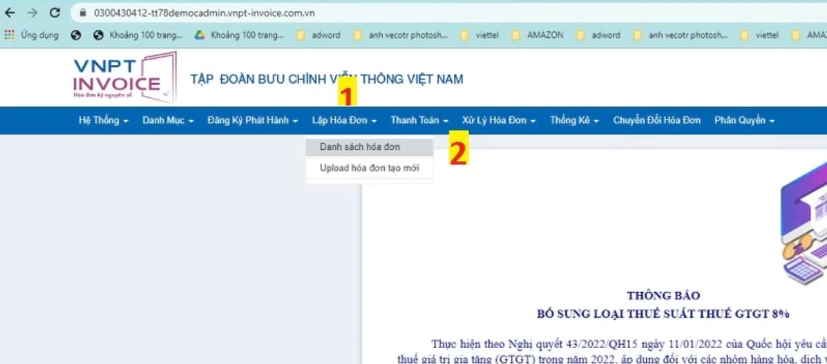Giao diện web tạo hóa đơn điện tử của VNPT bao gồm các thẻ để người dùng lựa chọn như hệ thống, danh mục, đăng ký phát hành, lập hóa đơn, ... 