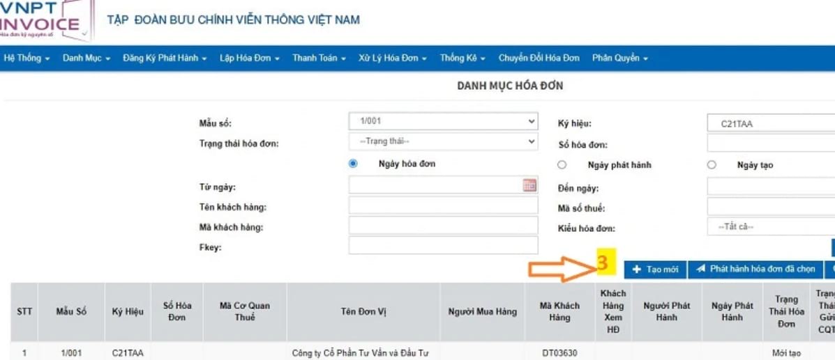 Giao diện web của VNPT khi bấm vào mục lập hóa đơn, bảng danh mục hóa đơn hiện ra với đầy đủ thông tin cần điền