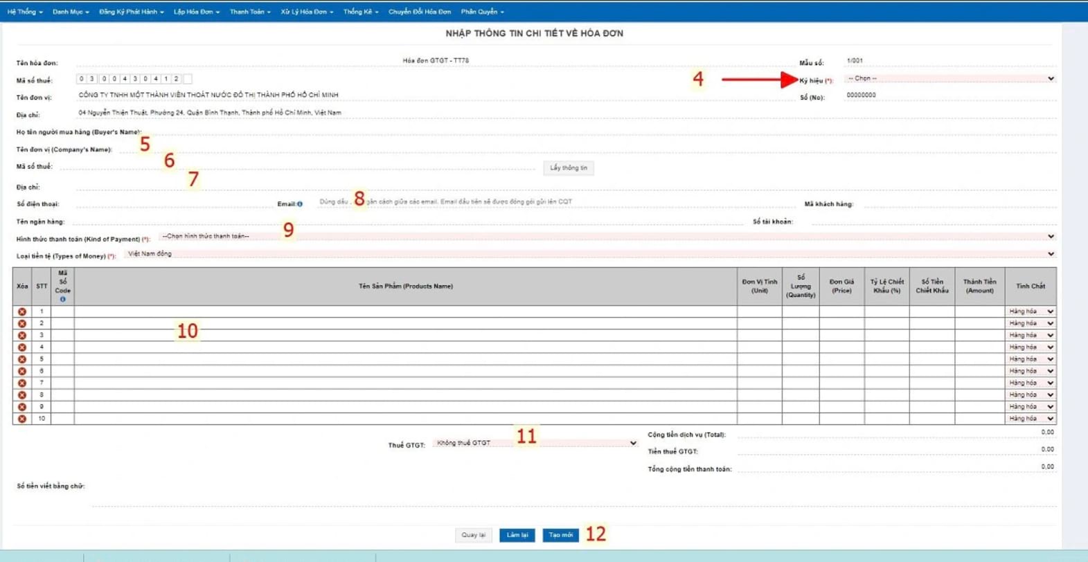 bảng nhập thông tin chi tiết về hóa đơn bao gồm các mục cần thiết phải điền