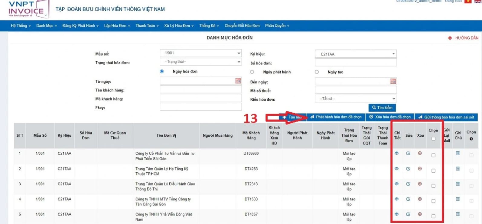 Bảng danh mục hóa đơn hiện ra tên đơn vị, mã khách hàng, trạng thái hóa đơn, chi tiết, sửa, xóa và những lựa chọn khác