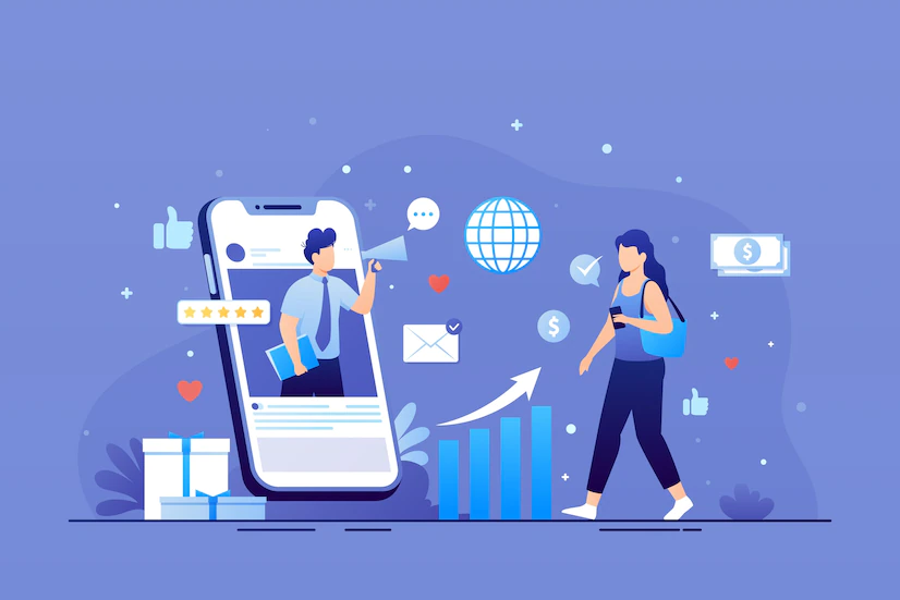 Người đàn ông cầm loa trong điện thoại đang quảng bá thương hiệu với người tiêu dùng đứng ở ngoài