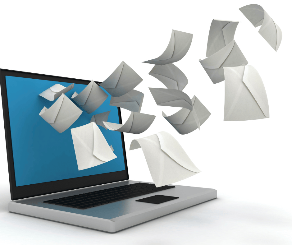 Các lá thư điện tử bay ra từ màn hình máy tính.