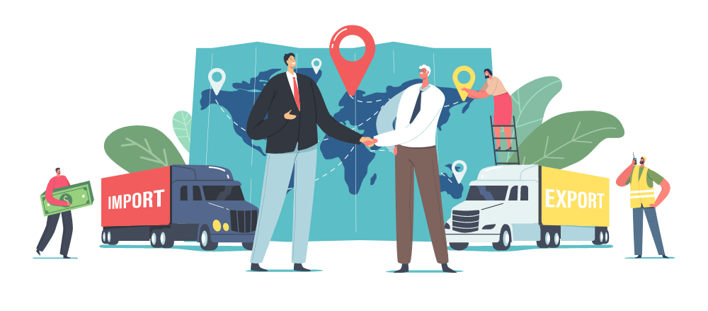 2 người đàn ông bắt tay với nhau để hợp tác. Phía sau là các hình ảnh xuất - nhập khẩu. 