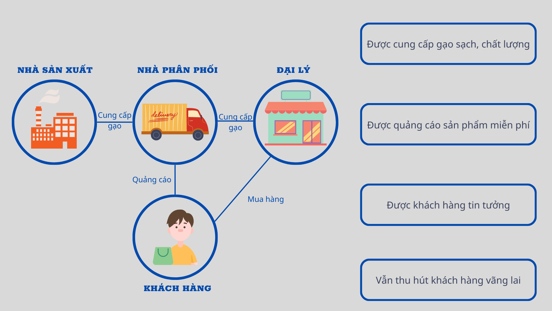 Quy trình phân phối gạo: Nhà sản xuất, nhà phân phối, đại lý, qua các trung gian và đến khách hàng. 