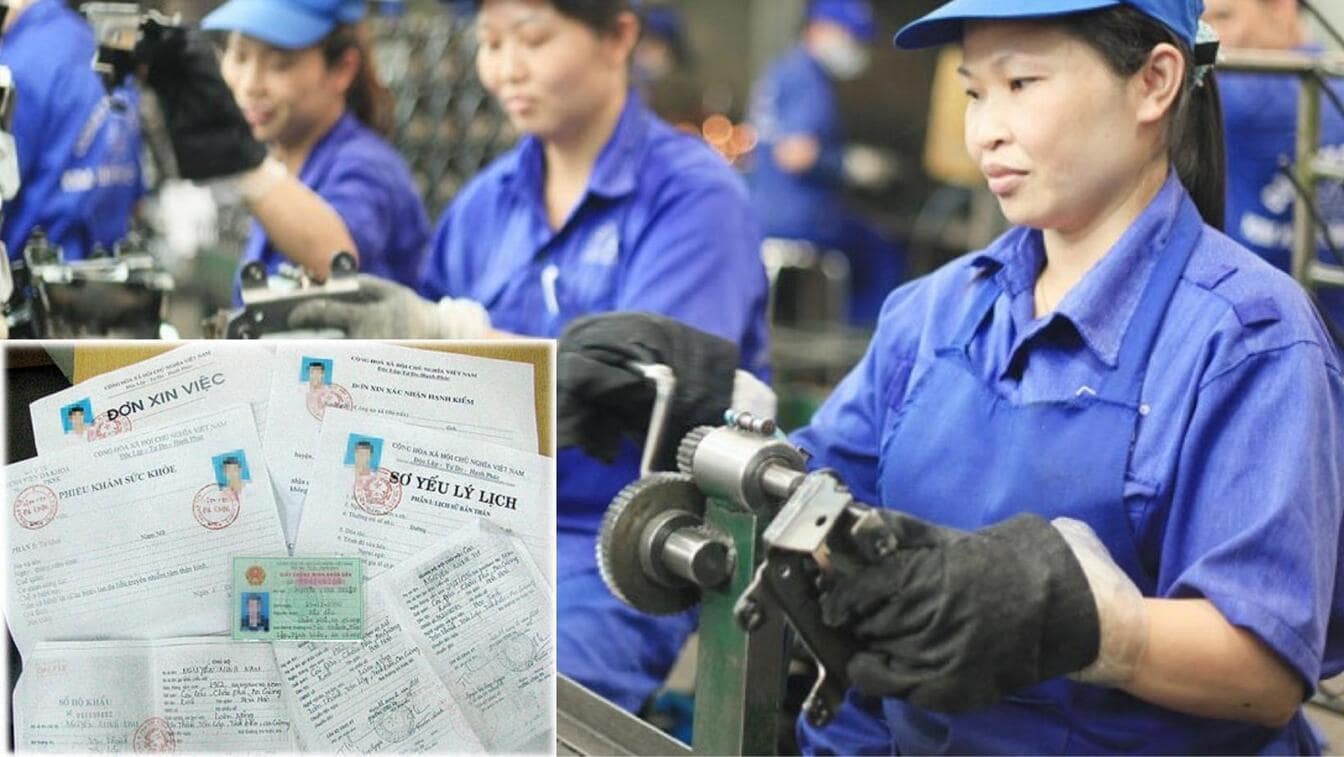 Công nhân nữ đang làm việc. Hồ sơ xin việc gồm sơ yếu lý lịch, đơn xin việc, phiếu khán sức khoẻ, CMND