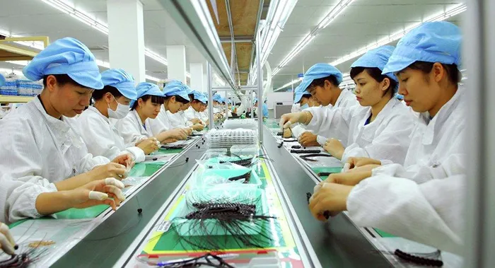 Đội ngũ nhân công trang bị bảo hộ đầy đủ đang làm việc bên dây chuyền sản xuất tịa nhà máy.