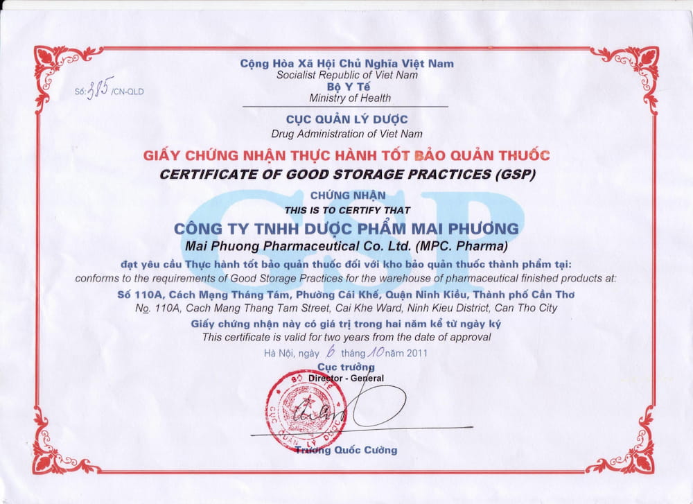 Giấy chứng nhận thực hành tốt bảo quản thuốc (GSP)