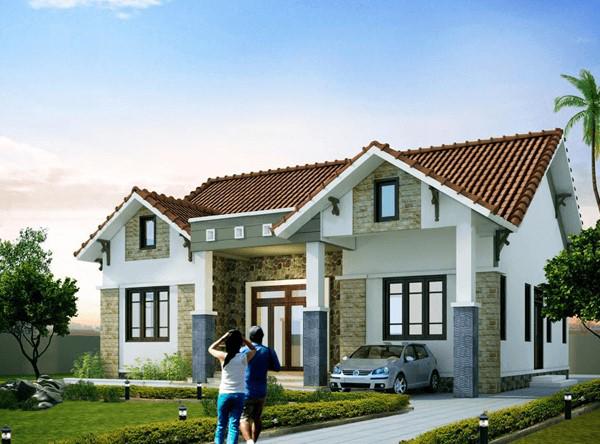 Mẫu nhà cấp 4 vừa có gara ô tô vừa có sân rộng gam màu trắng
