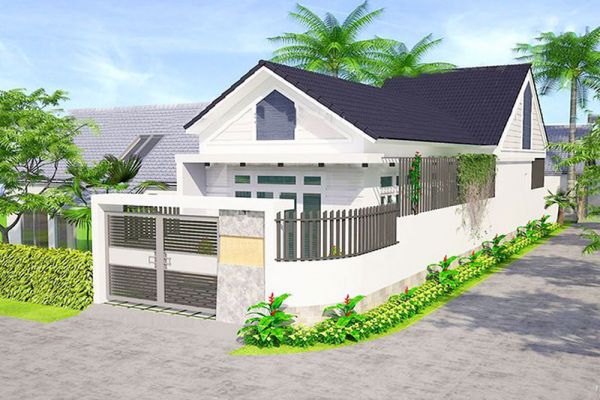 Mẫu nhà cấp 4 chữ L mái thái có xây cổng lớn và hàng rào chắc chắn
