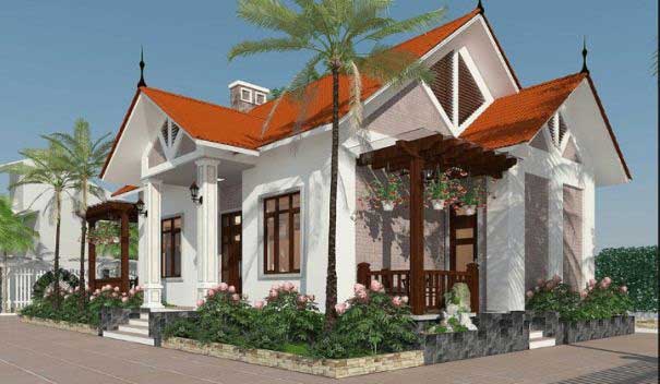 Mẫu nhà mái thái cấp 4 gam màu cam trắng