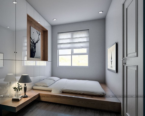 Phòng ngủ nhỏ được tối giản nội thất, chỉ có giường 1 một chiếc tủ kê nhỏ