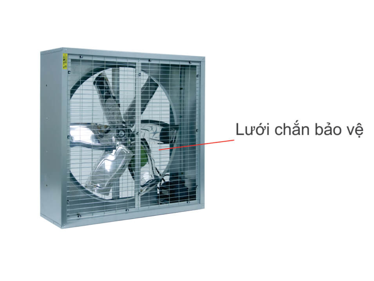 Quạt công nghiệp vuông có lưới chắn bảo vệ.