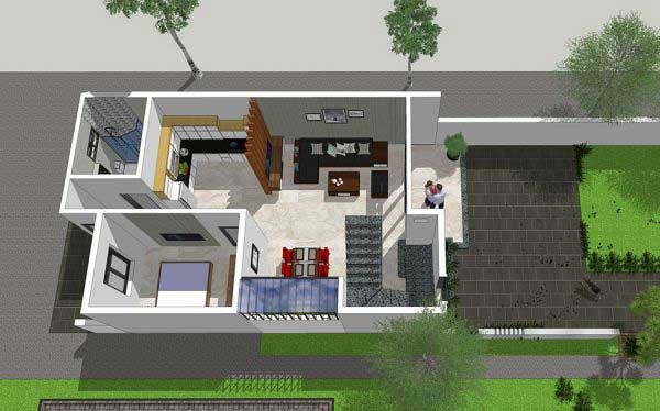 Bản vẽ thiết kế nội thất bên trong nhà cấp 4 mái bằng có sân vườn rộng