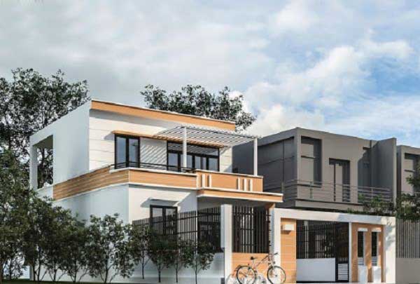 Mẫu nhà mái bằng 2 tầng tone màu trắng cam có ban công rộng