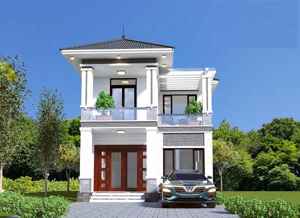 Mẫu nhà 2 tầng mái thái thiết kế tone trắng chủ đạo