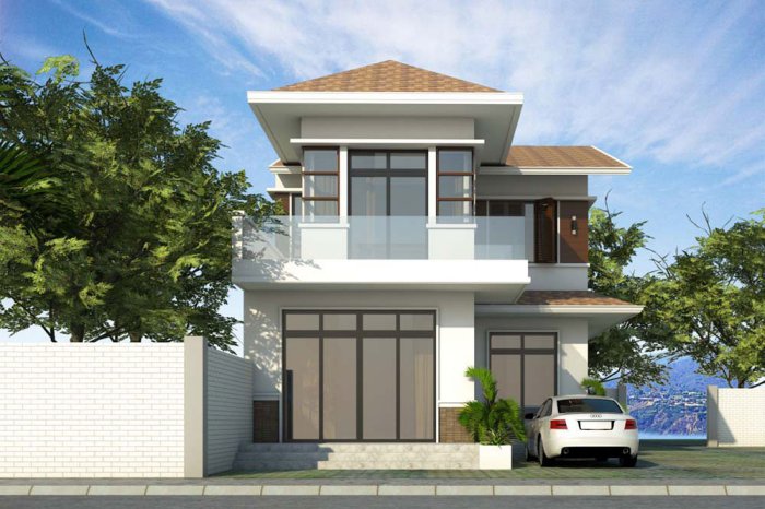 Mẫu nhà 2 tầng tông màu nâu kem mái thái, có ban công bằng kính thanh lịch